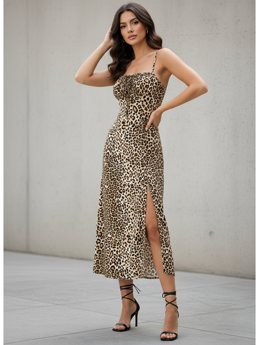 Brown Spaghetti Strap Animal Printed Dress