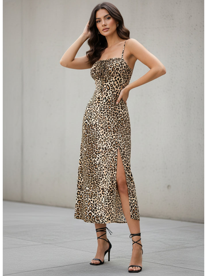 Brown Spaghetti Strap Animal Printed Dress
