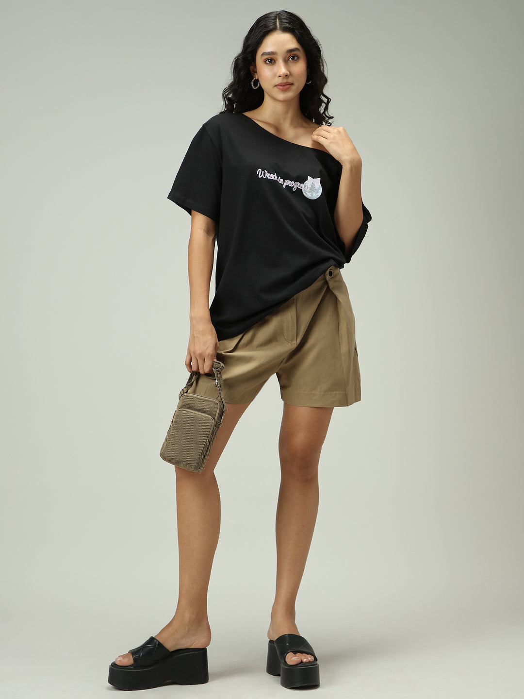 Black One Shoulder Graphic T-Shirt