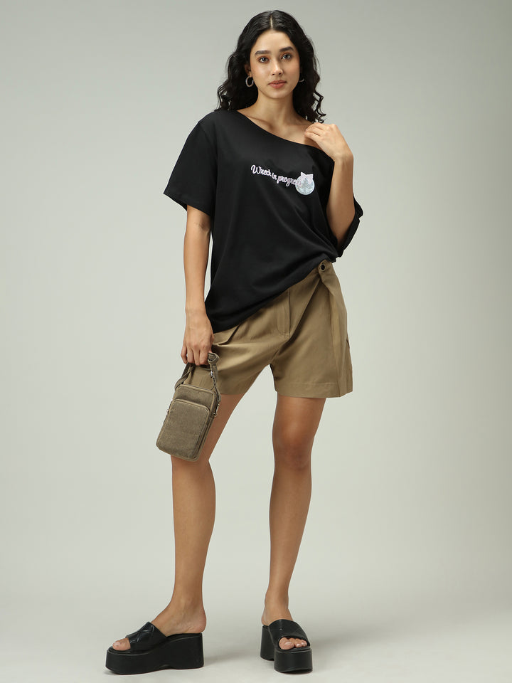 Black One Shoulder Graphic T-Shirt