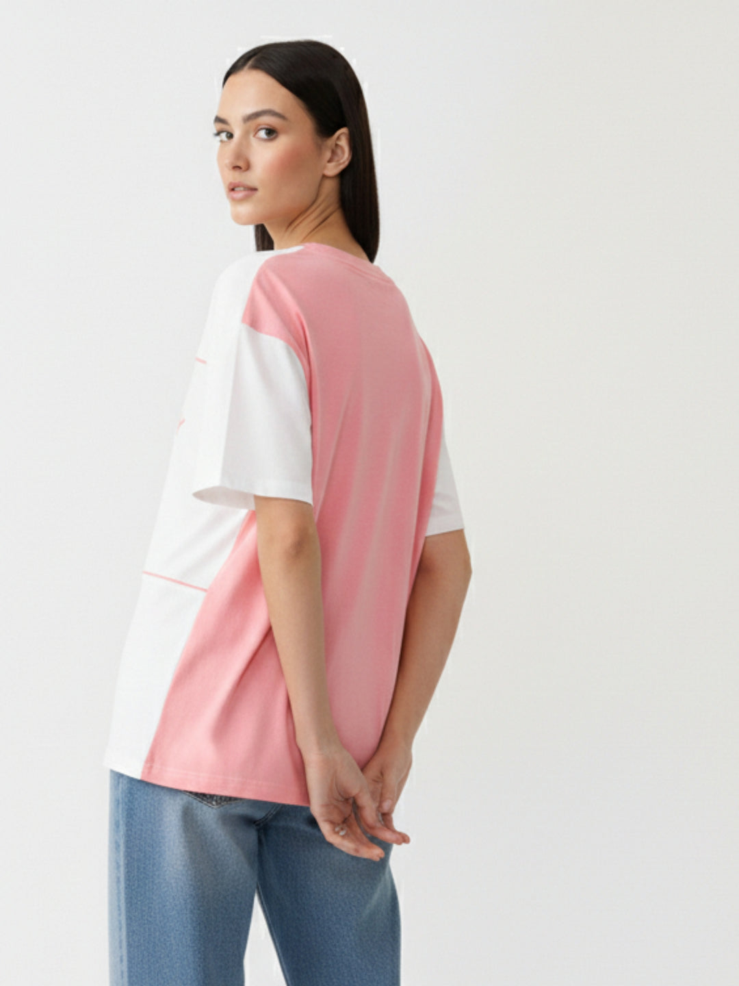 Pink Oversized T-Shirt With Graphic And Cut & Sew Highlights