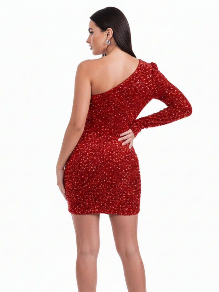 Red One Shoulder Sequined Fitted Wrap Hem Dress