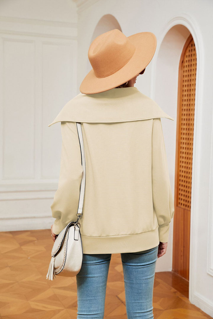 Cream Full Sleeves Big Collar Half Zip Sweatshirt