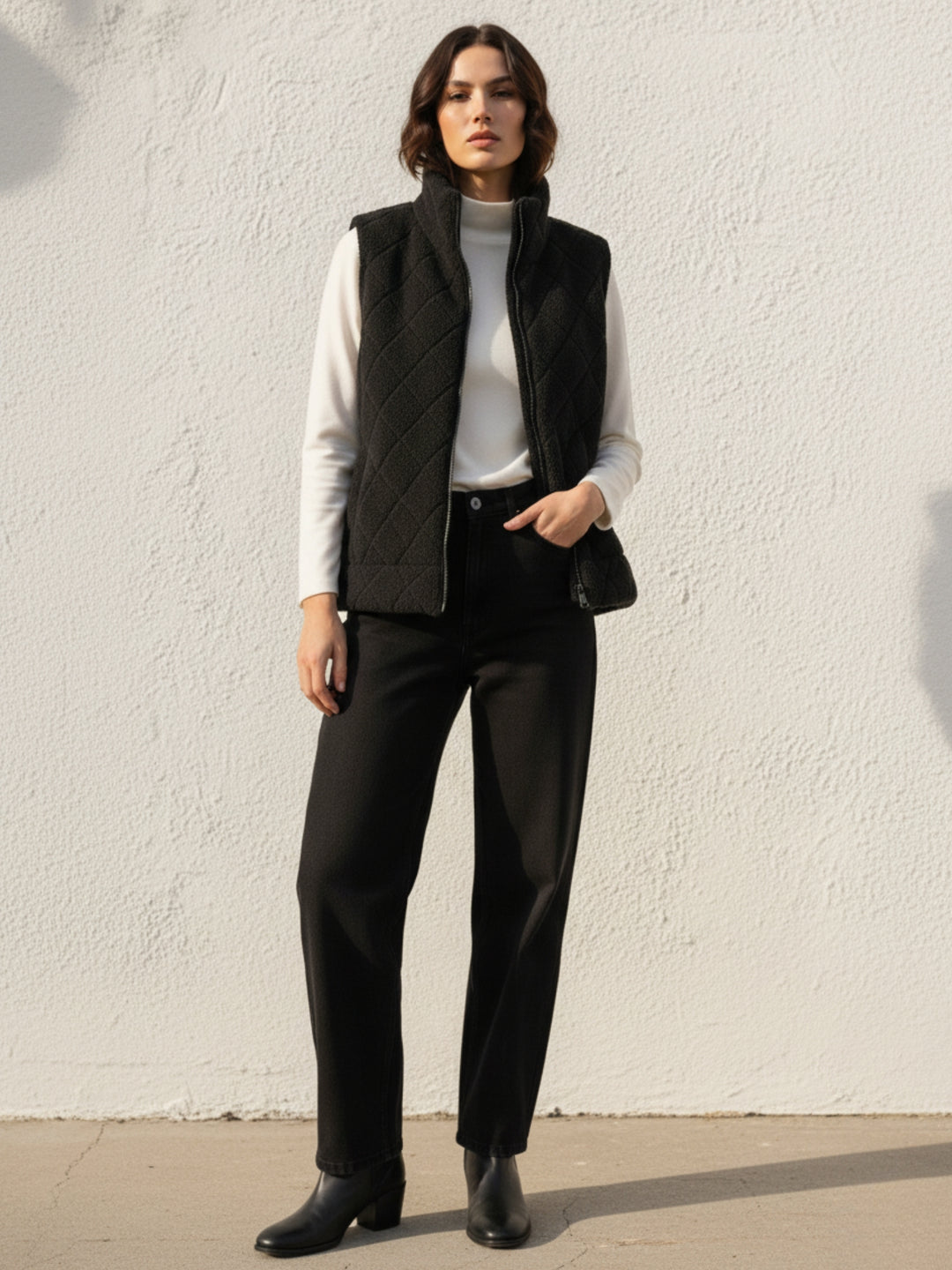 Black Sleeveless Zip Front Funnel Neck Jacket