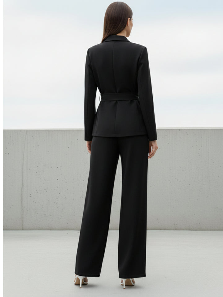 Black Full Sleeve Belted Detail Top And Pant Set