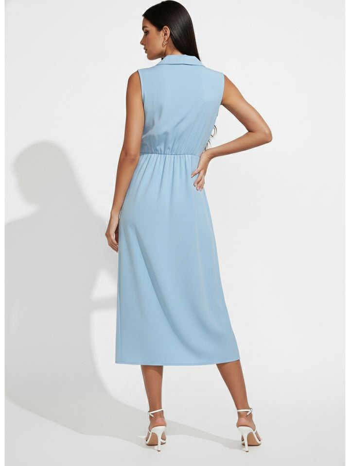 Light Blue Sleeveless Collared Slit Dress