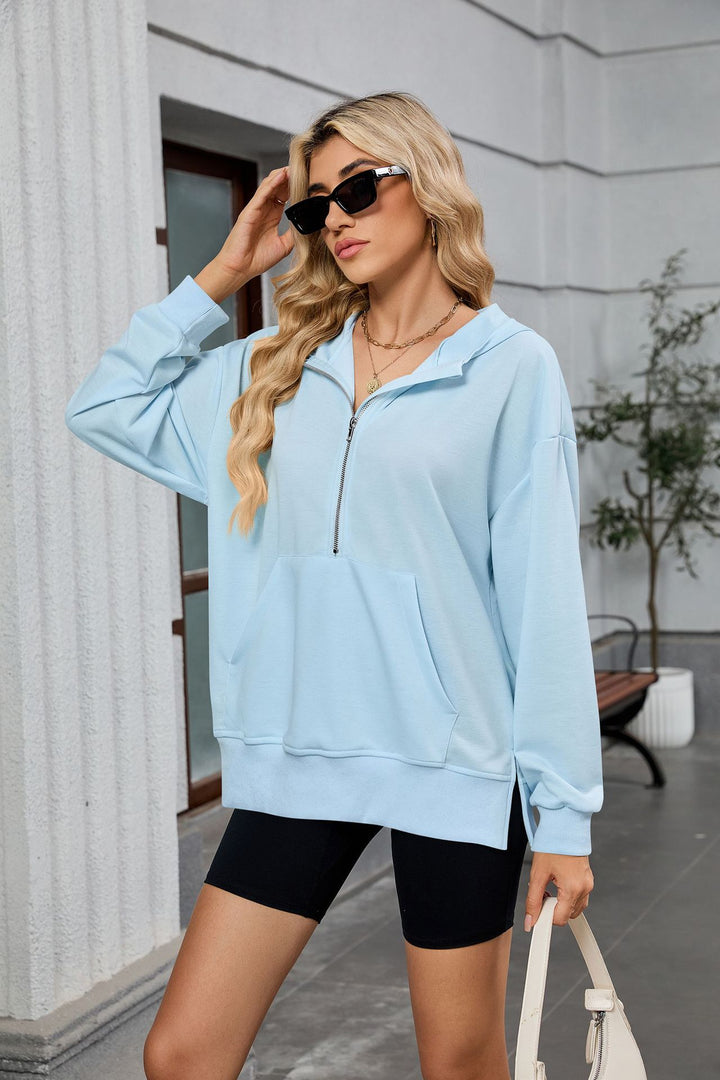 Light Blue Full Sleeves Half Zip Collared Sweatshirt