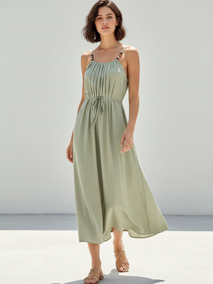 Green Spaghetti Strap Waist Tie-Up Flared Dress