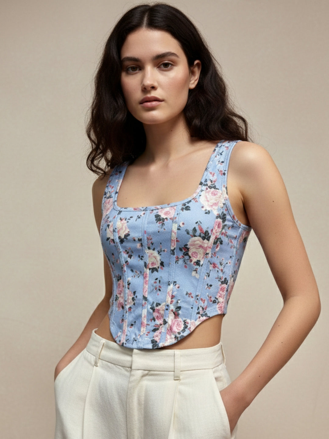 Blue Shoulder Strap Floral Printed Corset Top