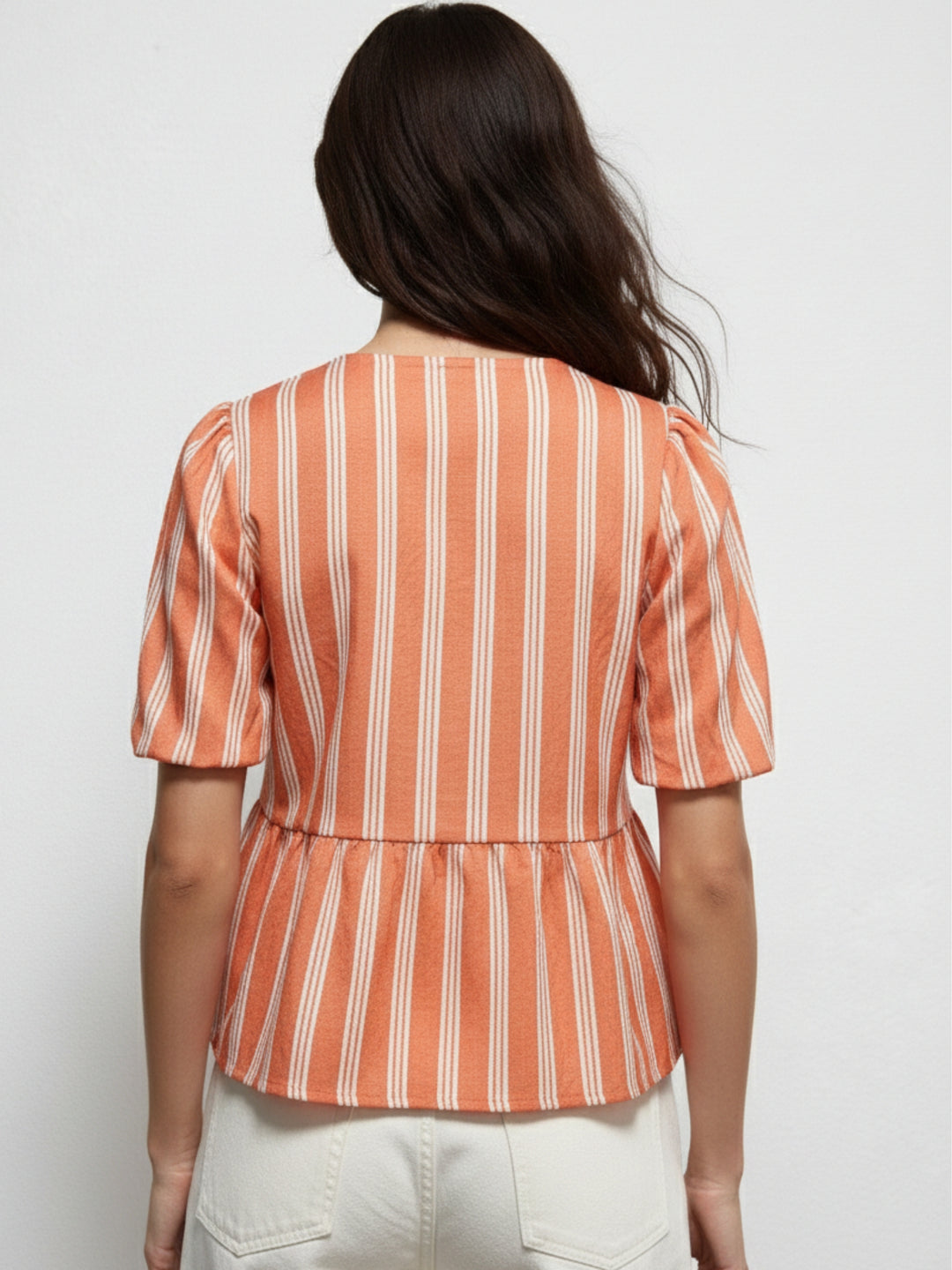 Orange Puff Sleeve Striped Bow Tie-Up Blouse