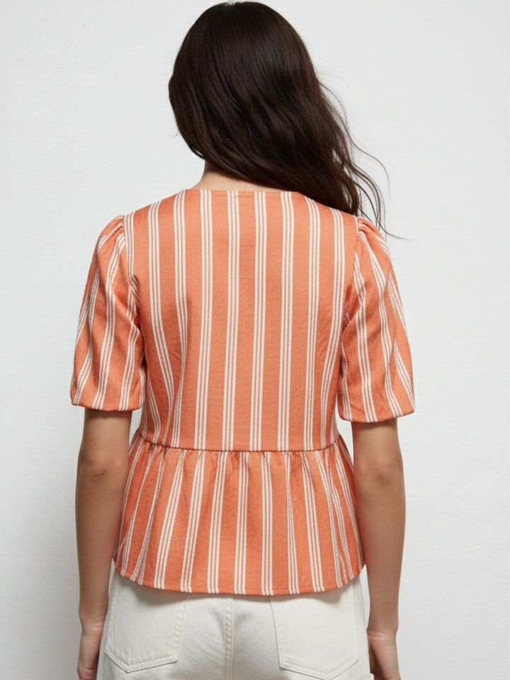 Orange Puff Sleeve Striped Bow Tie-Up Blouse