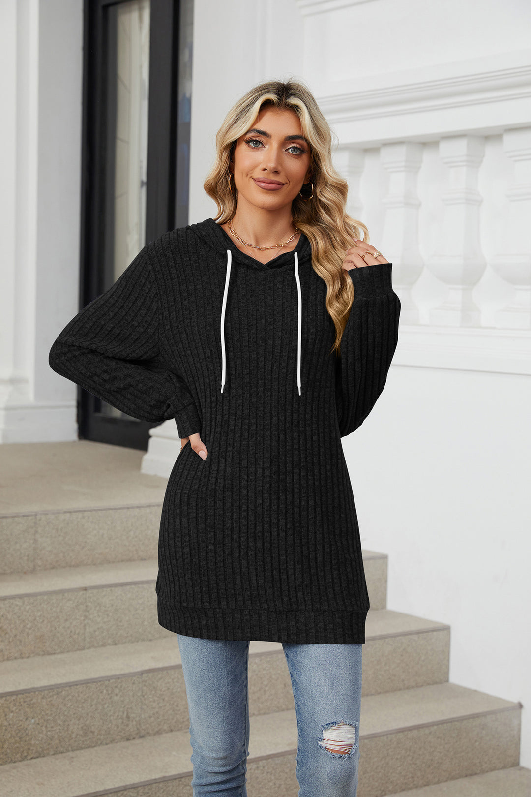 Black Full Sleeves Solid Hooded Top