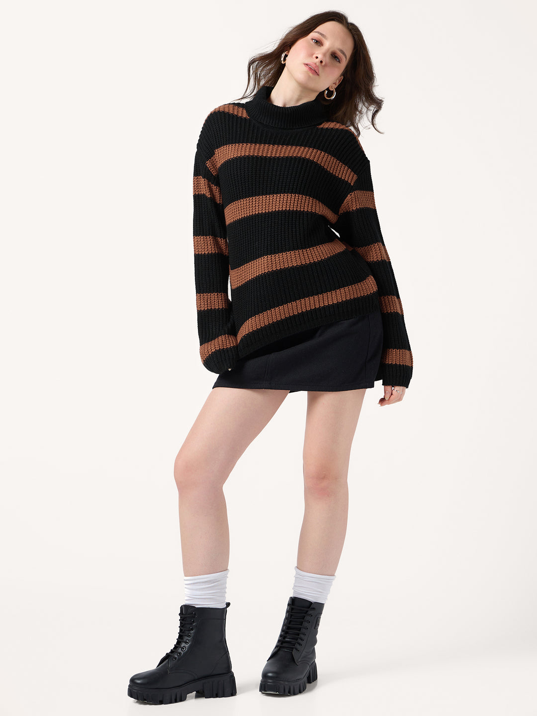 Black High Neck Striper Sweater