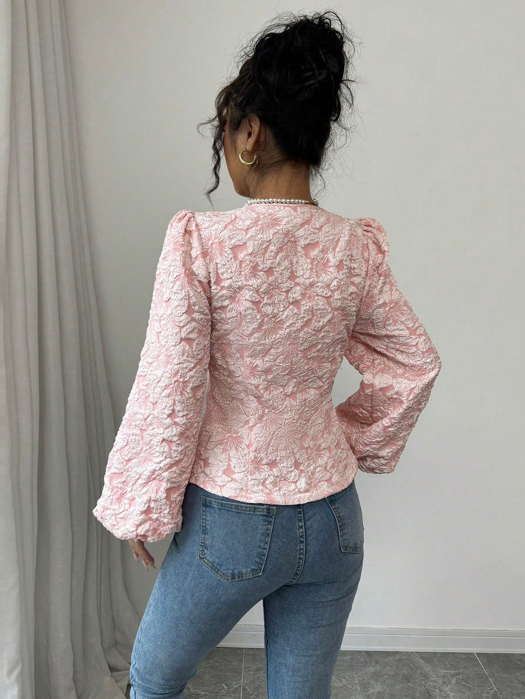 Pink Square Neck Button Down Blouse