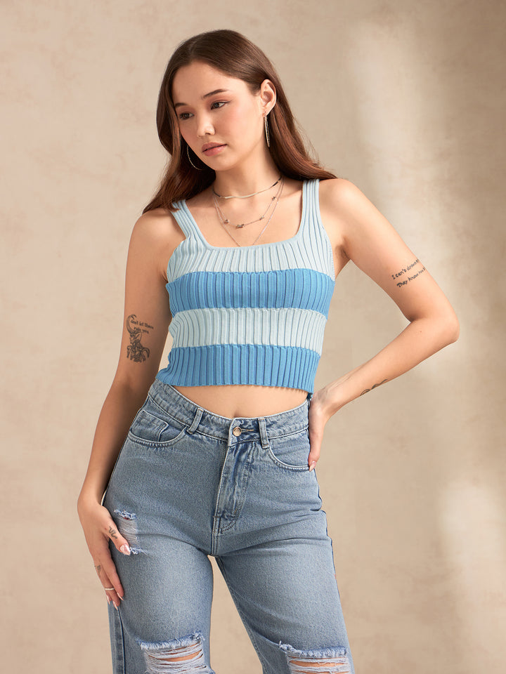 Blue Square Neck Flat Knit Tank