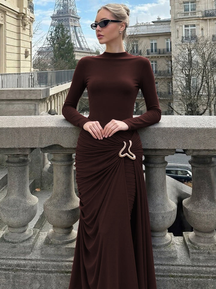Brown Full Sleeve Waist Buckle Detail Dress