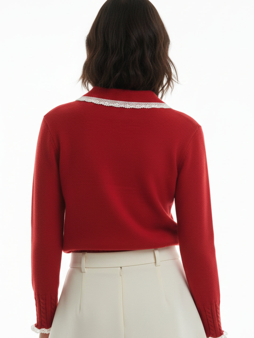 Red Puff Sleeve Collared Neck Lace Trim Sweater