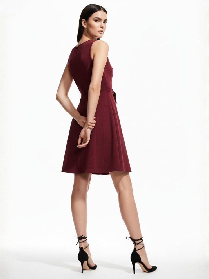 Wine Mini Flared Dress With Buckle Detail At Waist