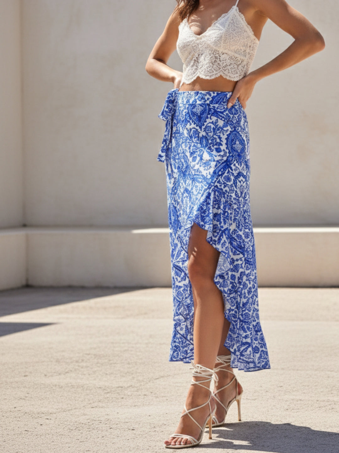 Blue High Waist Printed Wrap Skirt