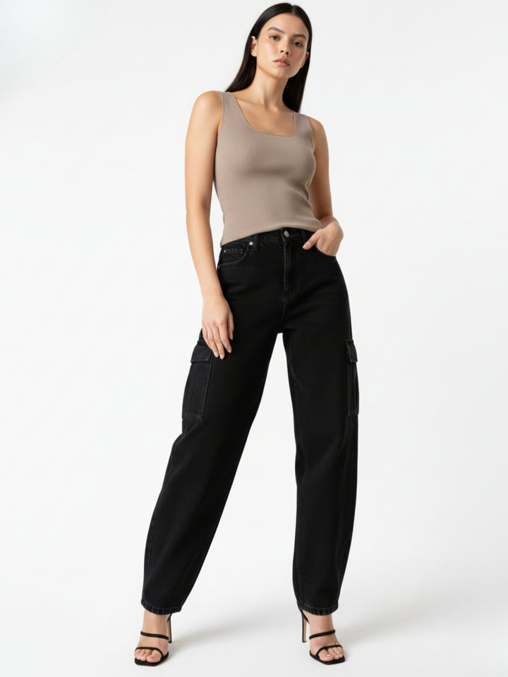 Brown Square Neck Wide Strapped Tank Top