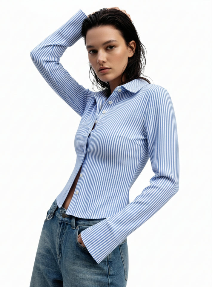 Blue Fitted Shirt With Flared Sleeves