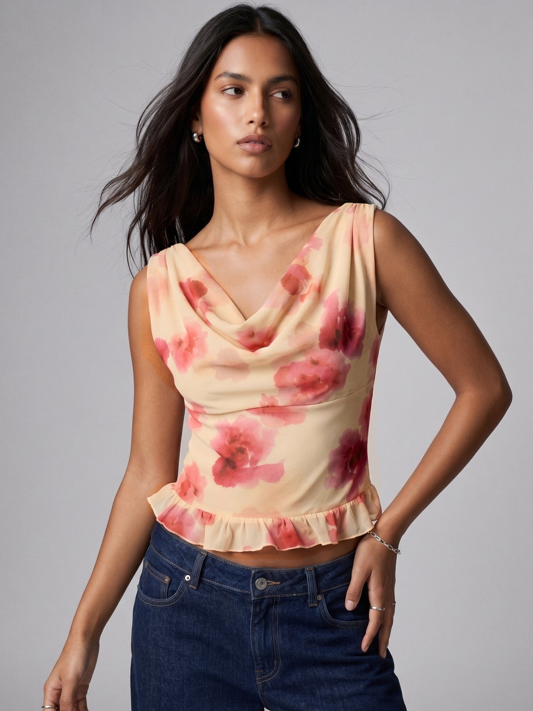 Multi Floral Cowl Neck Mesh Top