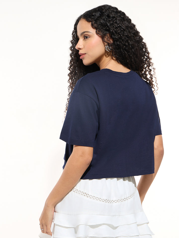 Navy Blue Cropped Boxy T-shirt With Graphic