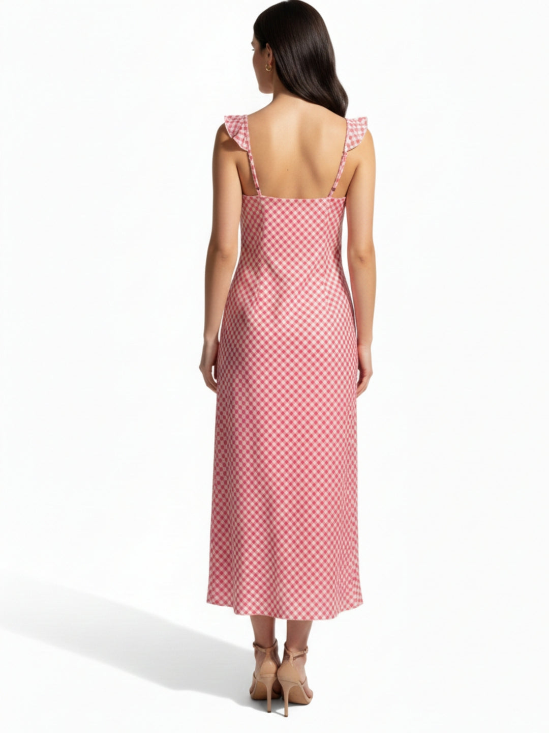 Red Checkered Ruffle Detailed Midi Dress