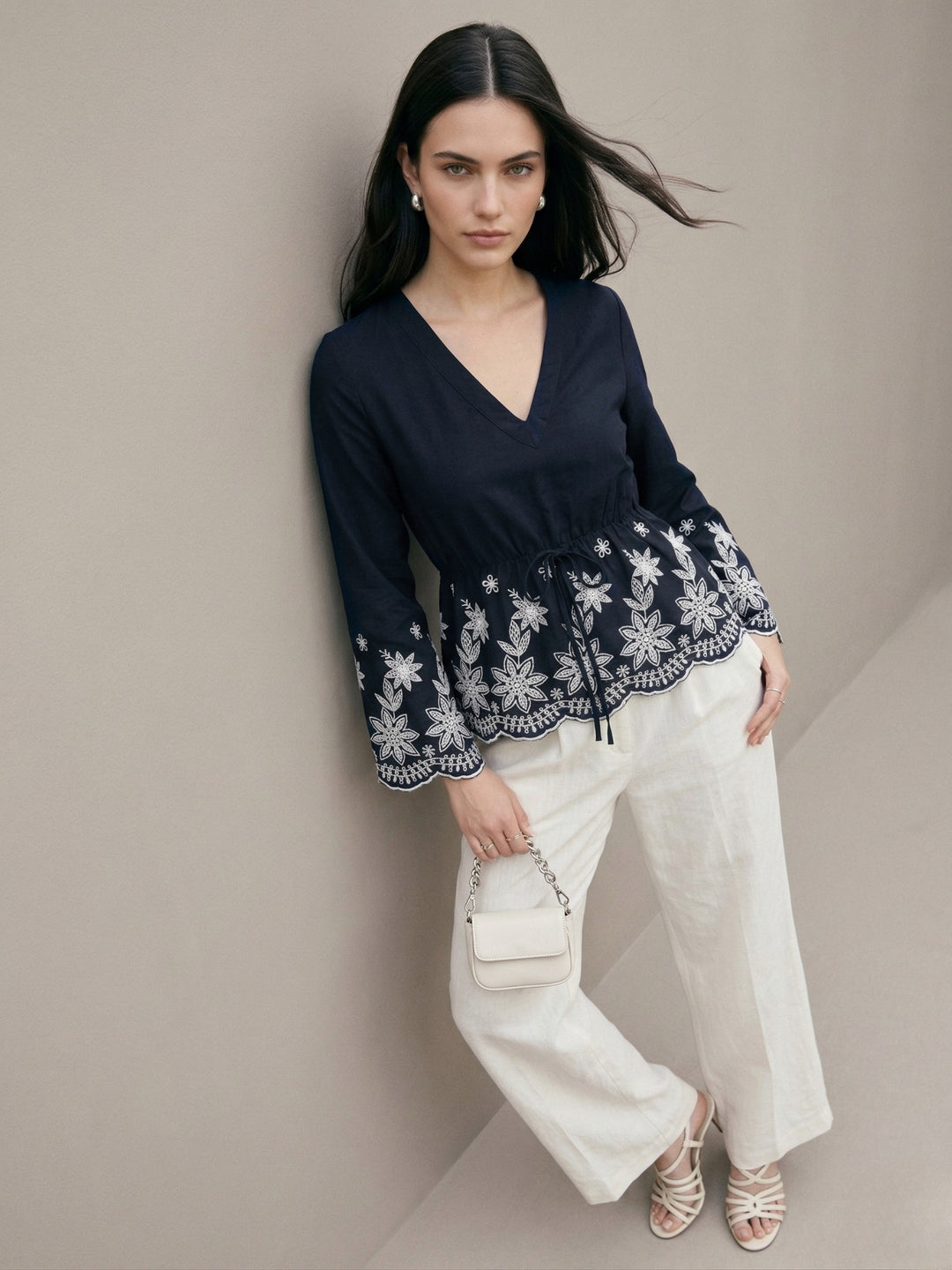 Navy Blue Floral Border Deep V Neck  Blouse