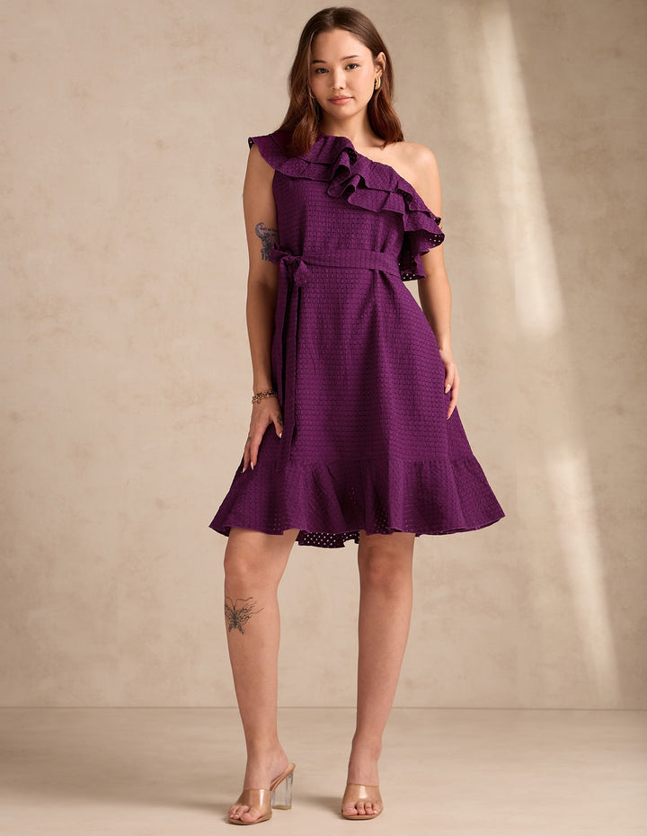 Purple Soft Ruffle One Shoulder Dress