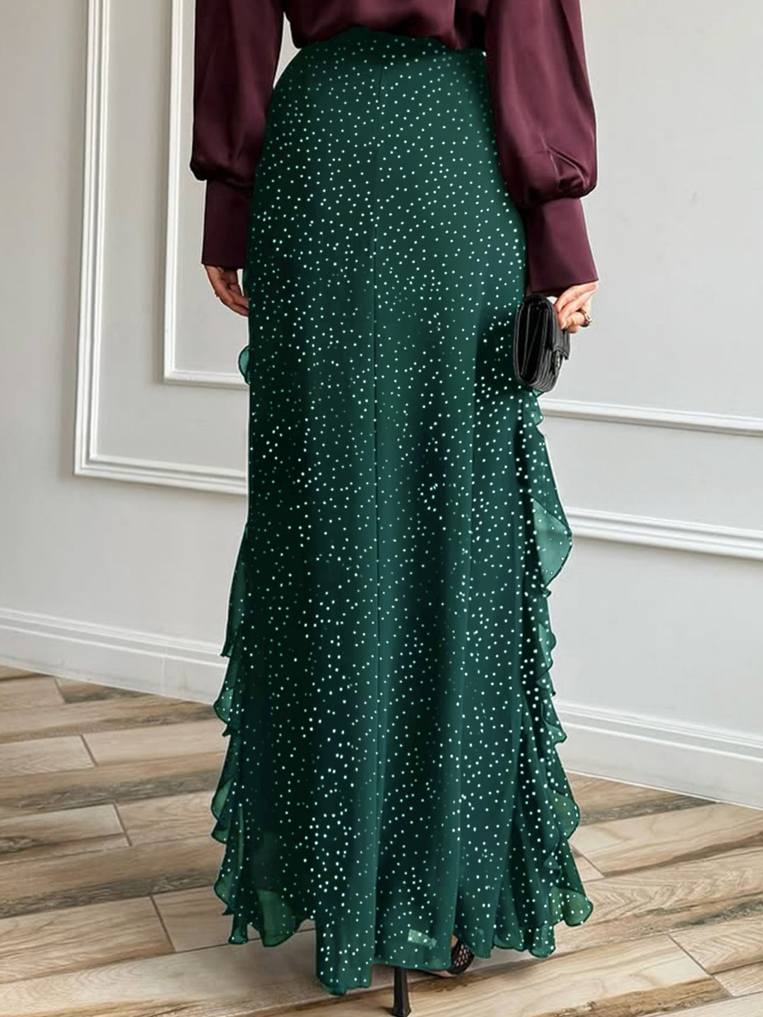 Green Tiered Maxi Skirt With Ruffles Detailing