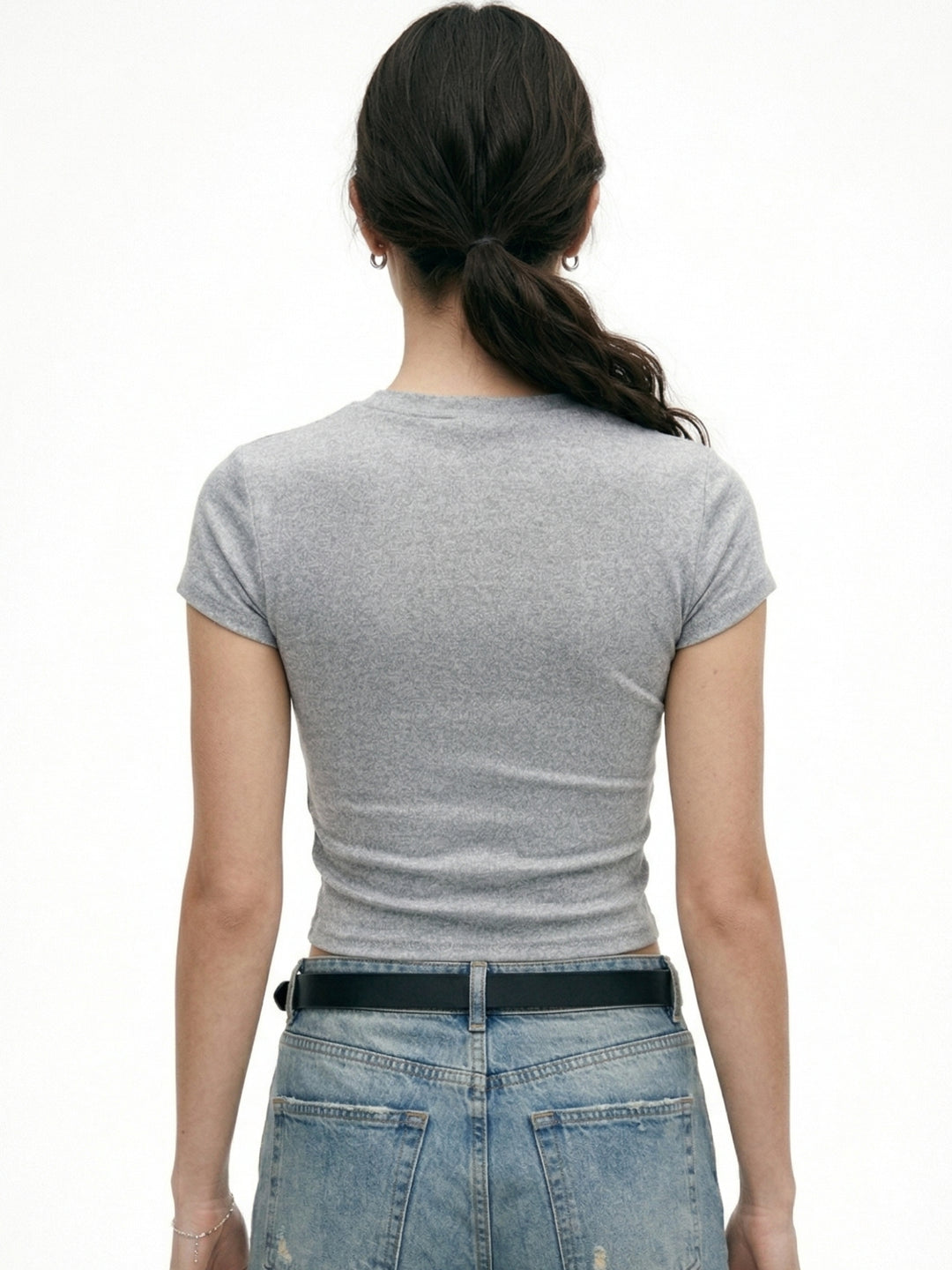Grey Short Sleeve Lace Detail Fitted Top