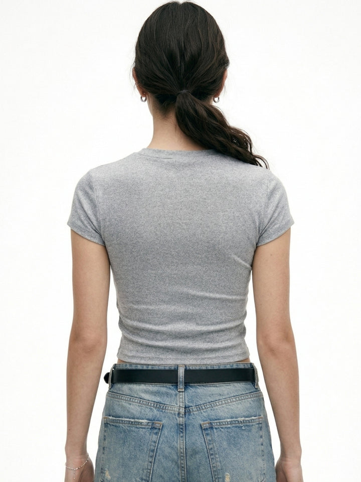 Grey Short Sleeve Lace Detail Fitted Top