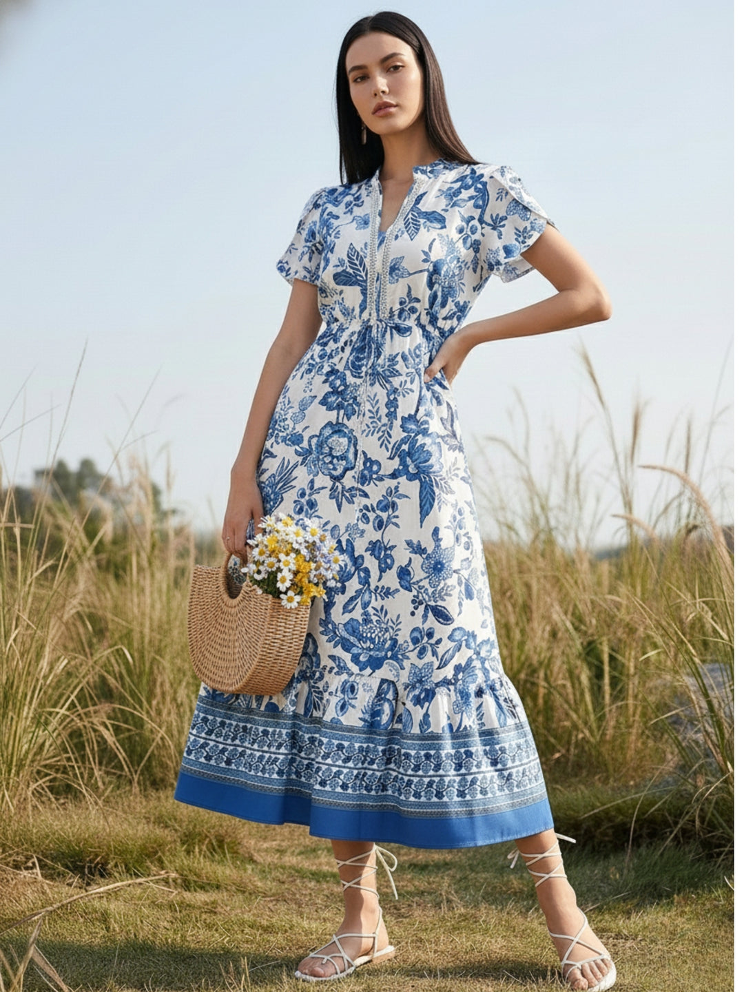Blue Short Sleeve Collared Neck Printed Dress