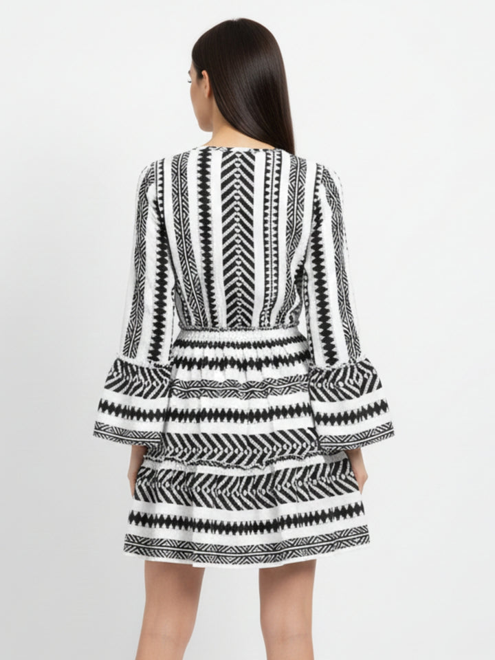 Multi Geometric Printed V Neck Dress