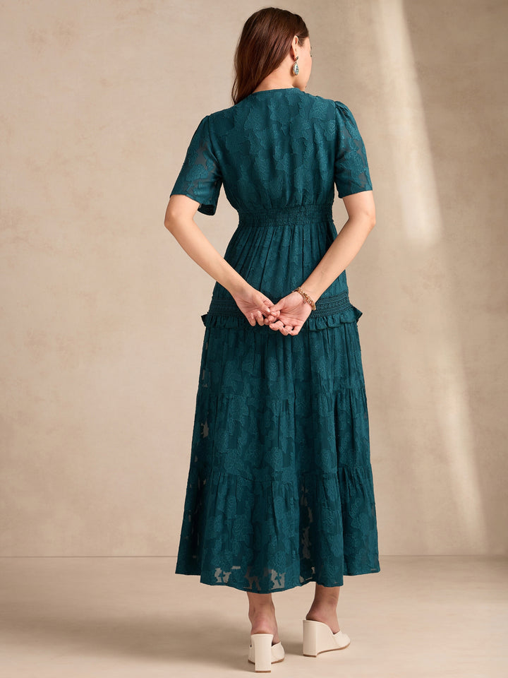 Teal Plunge Neck Jacquard Tiered Dress With Lace Detail