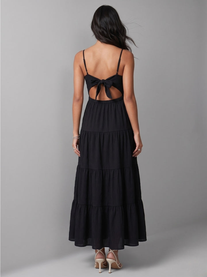 Black Shoulder Strap Back Bow Tiered Dress