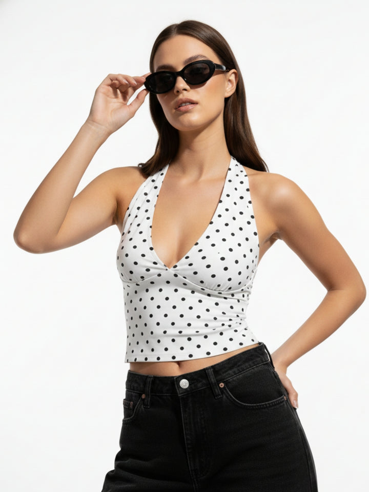 White Halter Neck Printed Tank