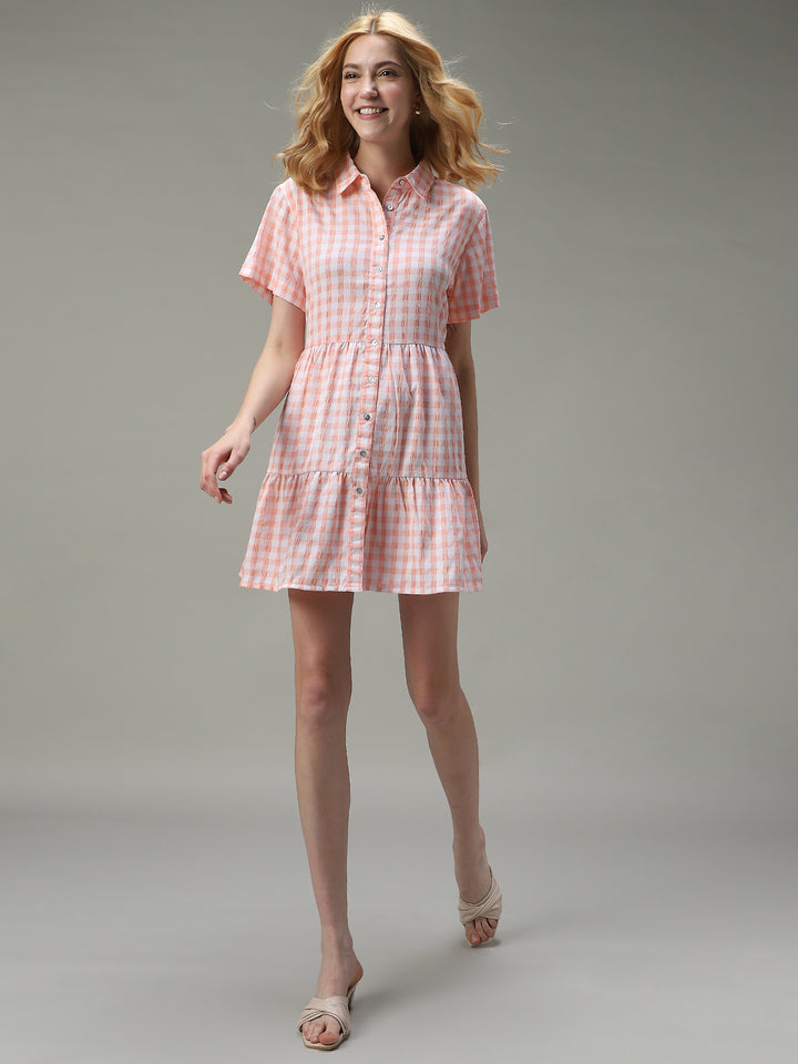 Peach Checkered Tiered Dress