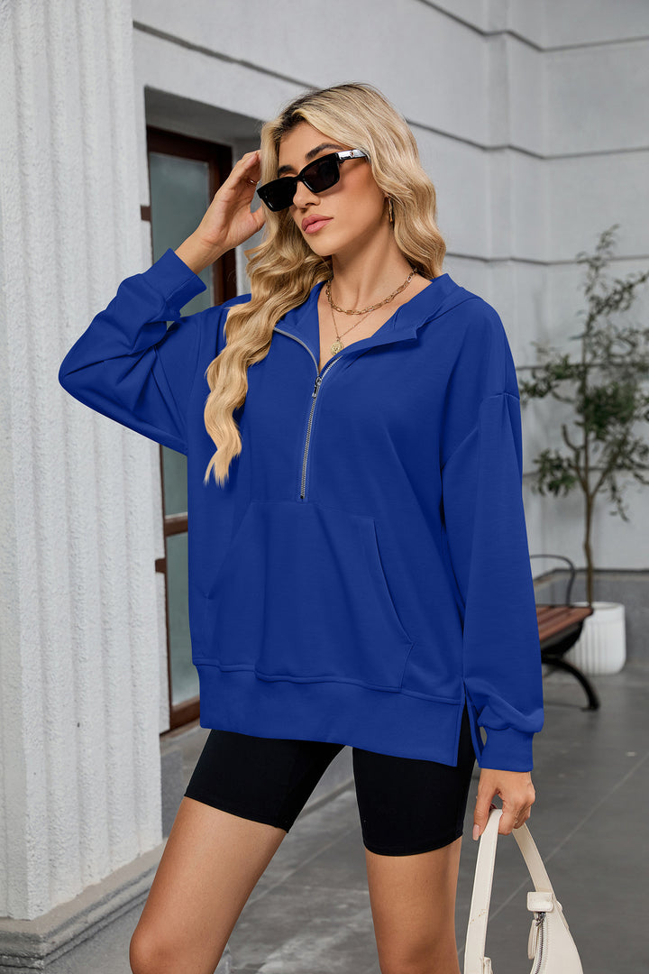 Blue Full Sleeves Half Zip Collared Sweatshirt