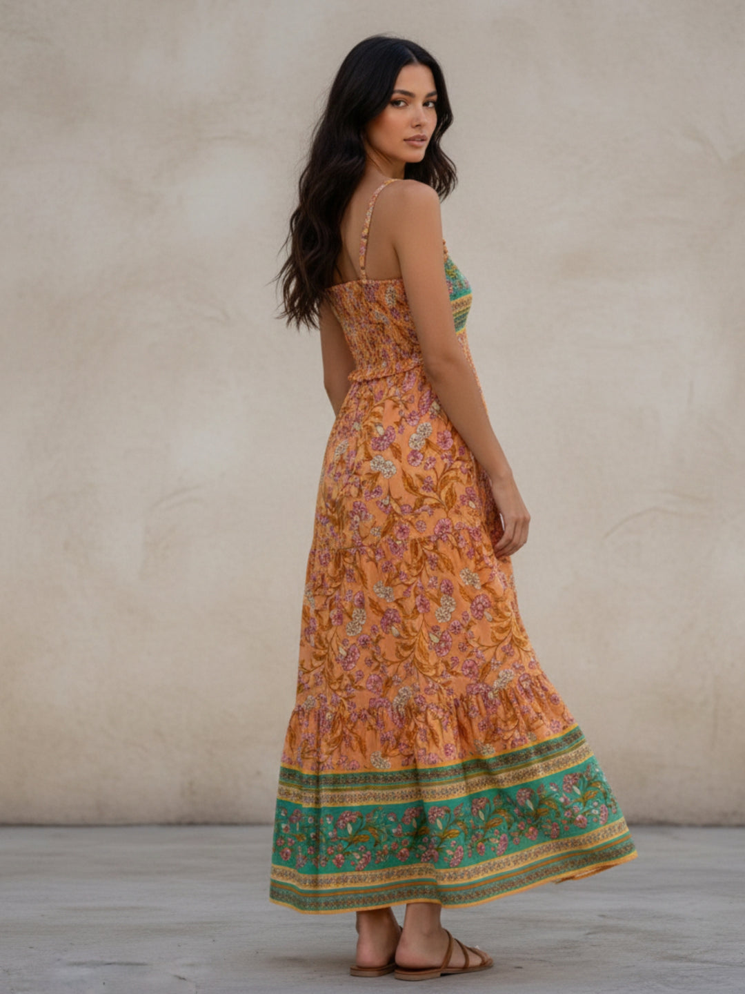 Orange Spaghetti Strap Printed Tiered Dress