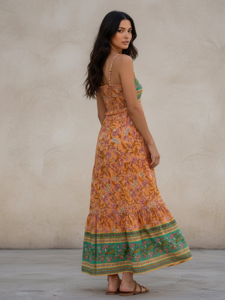 Orange Spaghetti Strap Printed Tiered Dress