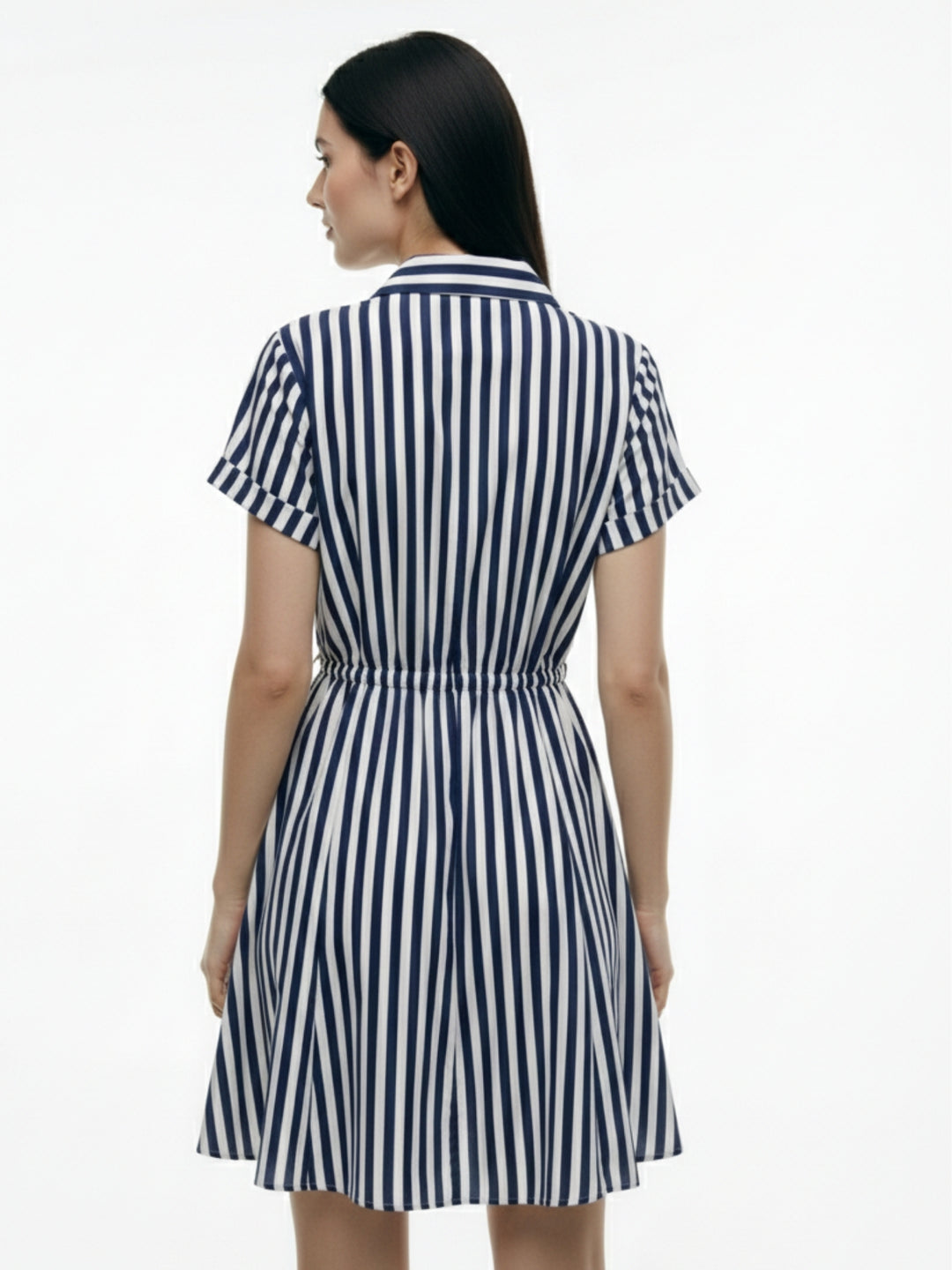 Navy Blue Short Sleeve Waist Tie-Up Striped Dress