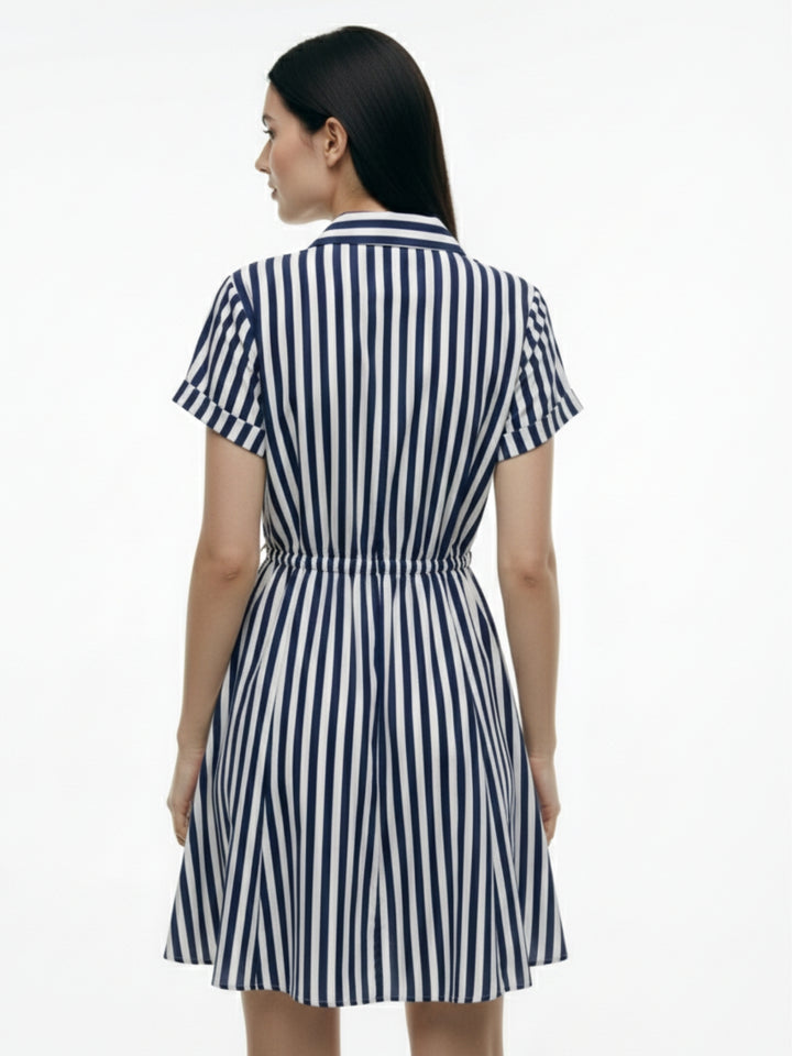 Navy Blue Short Sleeve Waist Tie-Up Striped Dress