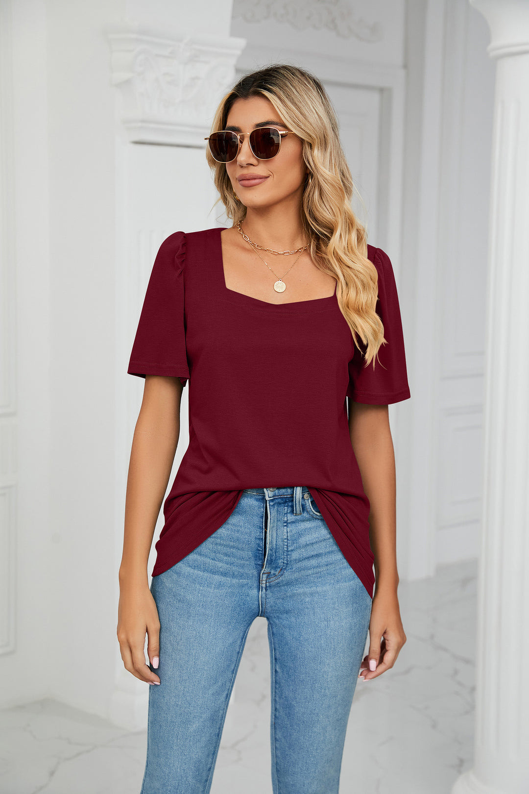 Burgundy Short Sleeve Square Neck Top