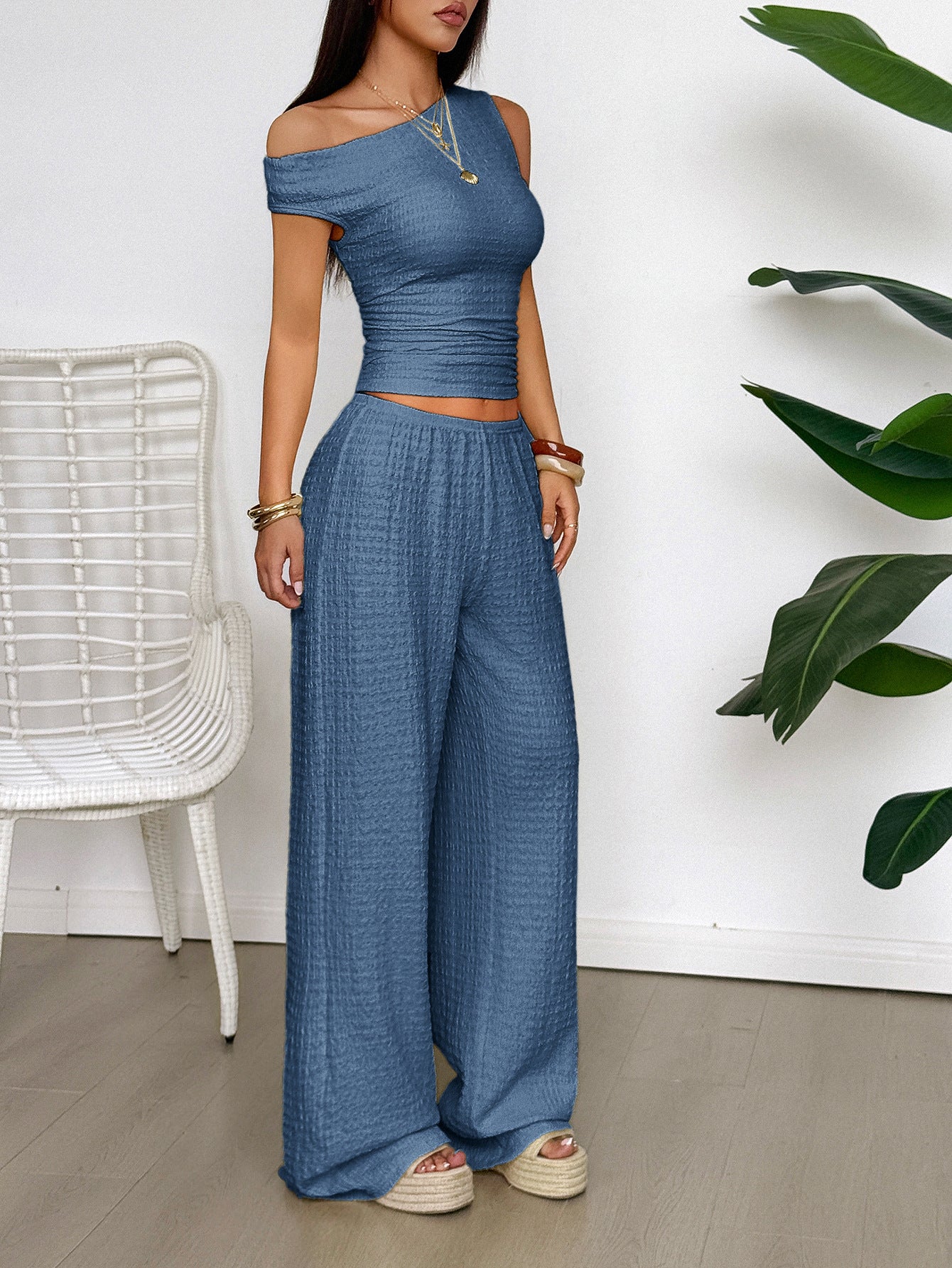Blue Textured Top And Pants Co-Ord Set