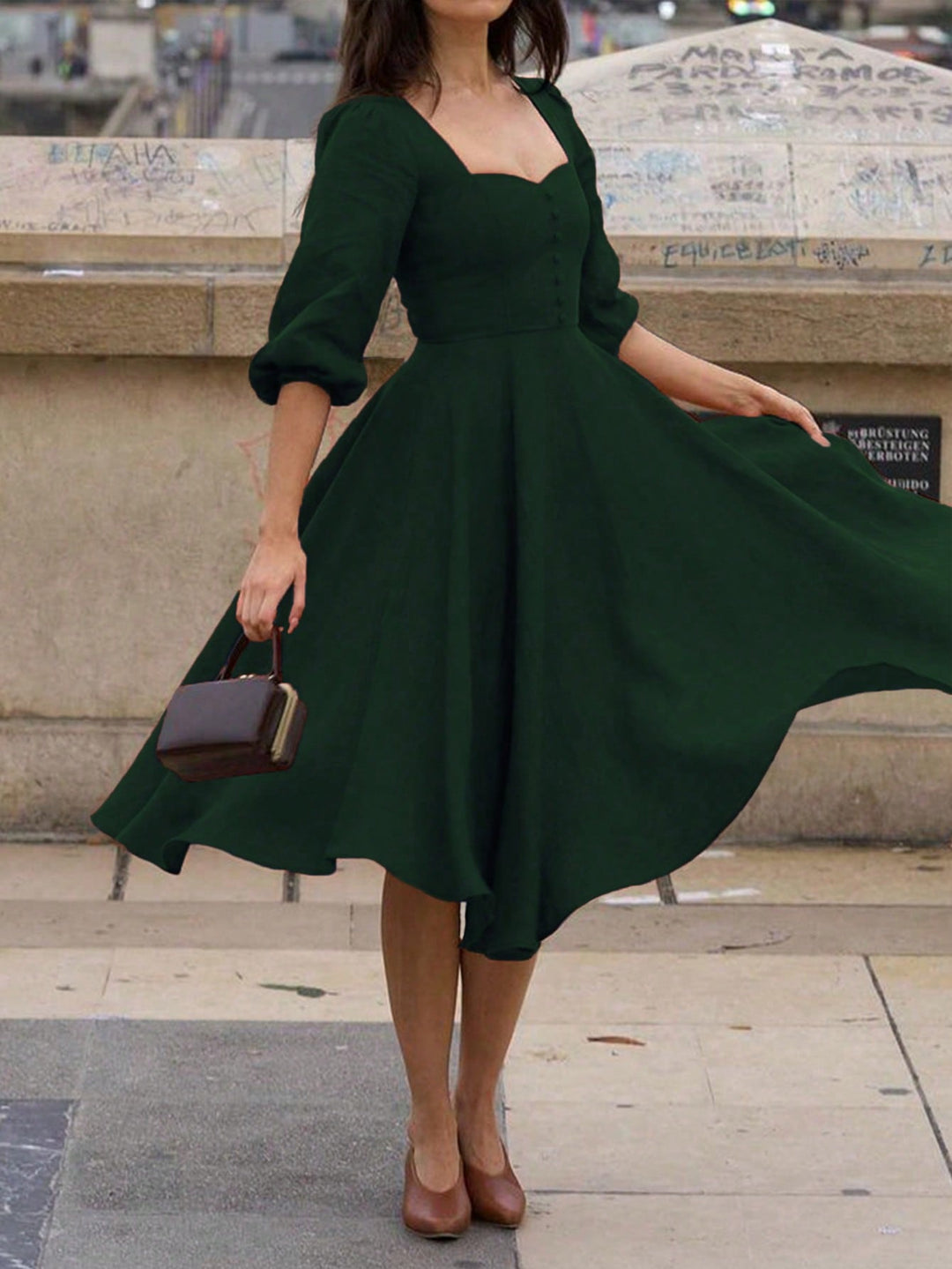 Green Bishop Sleeeve Sweetheart Neck Dress