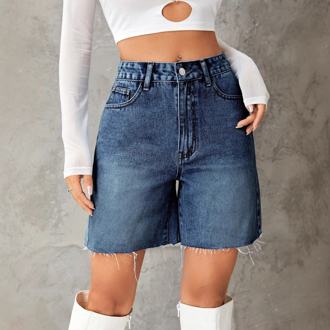 Navy Blue Denim Shorts With Freyed Hem