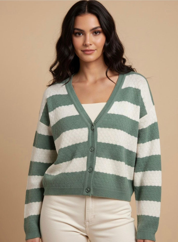 Green Striped Boxy Cardigan