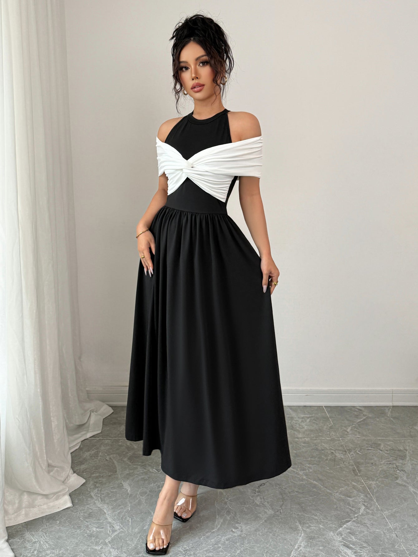 Black Twisted Contrast Off Shoulder Dress